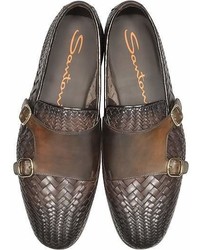 Santoni Dark Brown Woven Leather Double Monk Strap Shoes