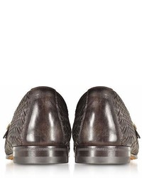 Santoni Dark Brown Woven Leather Double Monk Strap Shoes