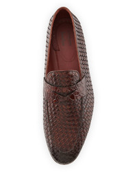 Neiman Marcus Woven Leather Alligator Penny Loafer Brown