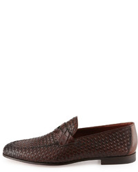 Neiman Marcus Woven Leather Alligator Penny Loafer Brown