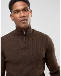 Asos Longline Half Zip Ribbed Sweater In Brown