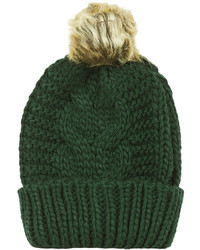 Topshop Green Cable Knitted Beanie Hat With Faux Fur Pom And Ribbed Turn Up 100% Acrylic