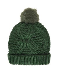 Topshop Cable Knit Pompom Beanie Dark Green One Size