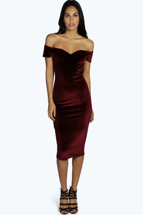 Boohoo Naya Velvet Off The Shoulder Midi Dress, $32 | BooHoo ...