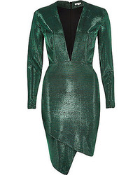 River Island Green Metallic Plunge Bodycon Dress