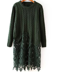 Contrast Lace Hollow Cable Knit Dark Green Sweater