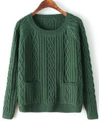 Diamond Patterned Pockets Dark Green Sweater