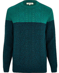 River Island Green Cable Knit Color Block Sweater