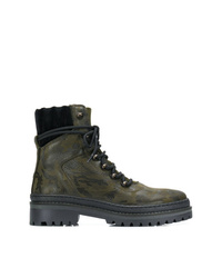 Dark Green Camouflage Leather Lace-up Flat Boots