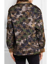 Valentino Embellished Camouflage Print Cotton Twill Jacket Army Green