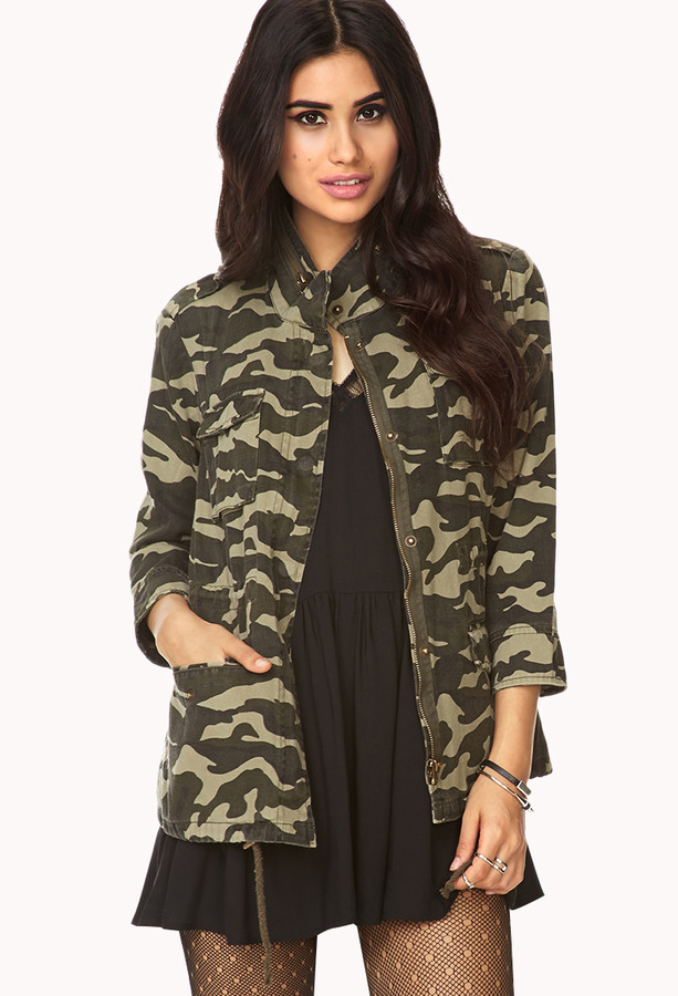 Dark Green Camo Print Utility Jacket