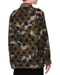 Valentino Star Embroidered Camouflage Field Jacket Green Camo