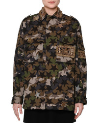 Valentino Star Embroidered Camouflage Field Jacket Green Camo