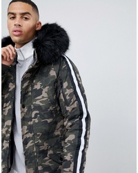 Sixth June Parka Coat In Camo With Black Faux Fur Hood