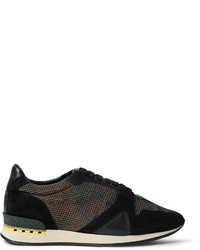 Burberry Suede And Leather Trimmed Camouflage Print Mesh Sneakers