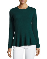 Neiman Marcus Cashmere Peplum Pullover Sweater Green