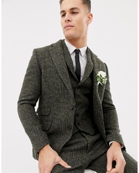 ASOS DESIGN Slim Suit Jacket In 100% Wool Harris Tweed Khaki Micro Check
