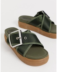 Dark Green Chunky Leather Flat Sandals