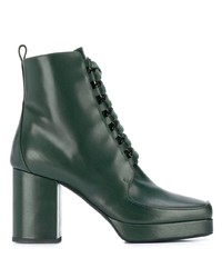 Dark Green Chunky Leather Lace-up Ankle Boots