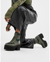 Dark Green Chunky Leather Lace-up Flat Boots