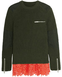 Sacai Broderie Anglaise Paneled Cotton Blend Sweater