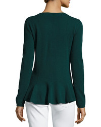 Neiman Marcus Cashmere Peplum Pullover Sweater Green
