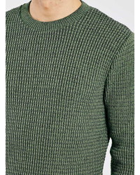 Topman Olive Grid Stitch Crew Neck Sweater