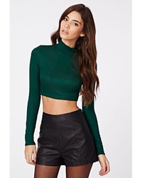 Missguided Dharma Ribbed Turtle Neck Long Sleeve Crop Top Deep Green