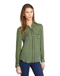 Chelsea Flower Military Green Silk Button Front Blouse