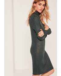 Missguided Ribbed Turtle Neck Mini Dress Green