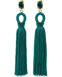 Oscar de la Renta Tasseled Silk Gold Tone And Swarovski Crystal Clip Earrings Emerald