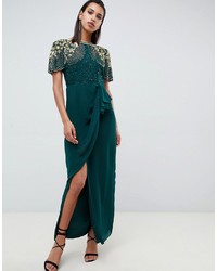 Virgos Lounge Ariann Embellished Maxi Dress With Frill Wrap Skirt In Emerald Green