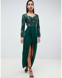 Virgos Lounge Darline Embellished Sweetheart Maxi Dress With Thigh Split In Emerald Green