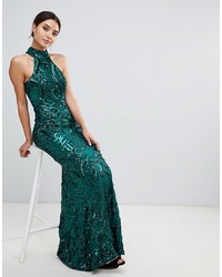 Bariano Embellished Maxi Dress With High Neck In Emerald Green