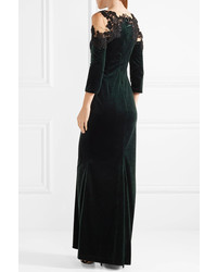 Marchesa Notte Cold Shoulder Tulle And Lace Paneled Velvet Gown Dark Green
