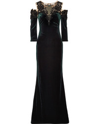 Marchesa Notte Cold Shoulder Tulle And Lace Paneled Velvet Gown Dark Green