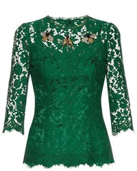 Dark Green Embellished Lace Blouse