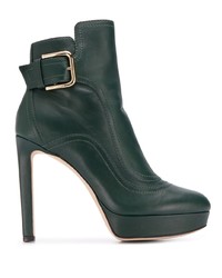 Dark Green Embellished Leather Ankle Boots