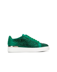 Dark Green Embellished Leather Low Top Sneakers