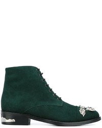 Dark Green Embellished Suede Ankle Boots