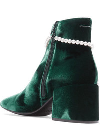 MM6 MAISON MARGIELA Faux Pearl Embellished Velvet Ankle Boots Emerald