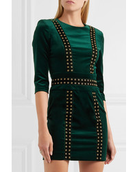 PIERRE BALMAIN Embellished Stretch Cotton Blend Velvet Mini Dress Emerald