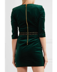 PIERRE BALMAIN Embellished Stretch Cotton Blend Velvet Mini Dress Emerald