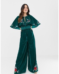 ASOS DESIGN Velvet Kimono Jumpsuit With Embroidery And Embellisht