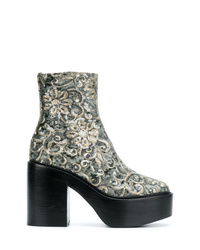 Dark Green Embroidered Leather Ankle Boots