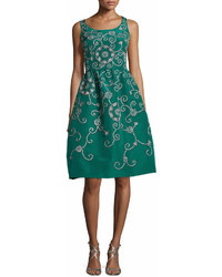 Oscar de la Renta Embroidered Floral Scroll Full Skirt Party Dress