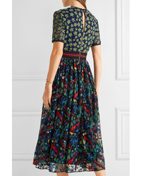 Saloni Jackie Crochet Trimmed Embroidered Tulle Midi Dress Green