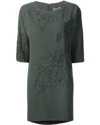 Dark Green Embroidered Silk Casual Dress