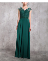 Green Lace Bodice Sleeveless V Neck Gown