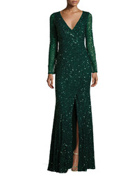 Rachel Gilbert Long Sleeve Sequined V Neck Gown Emerald